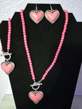 Pink Heart Pendant Necklace and Earring Set